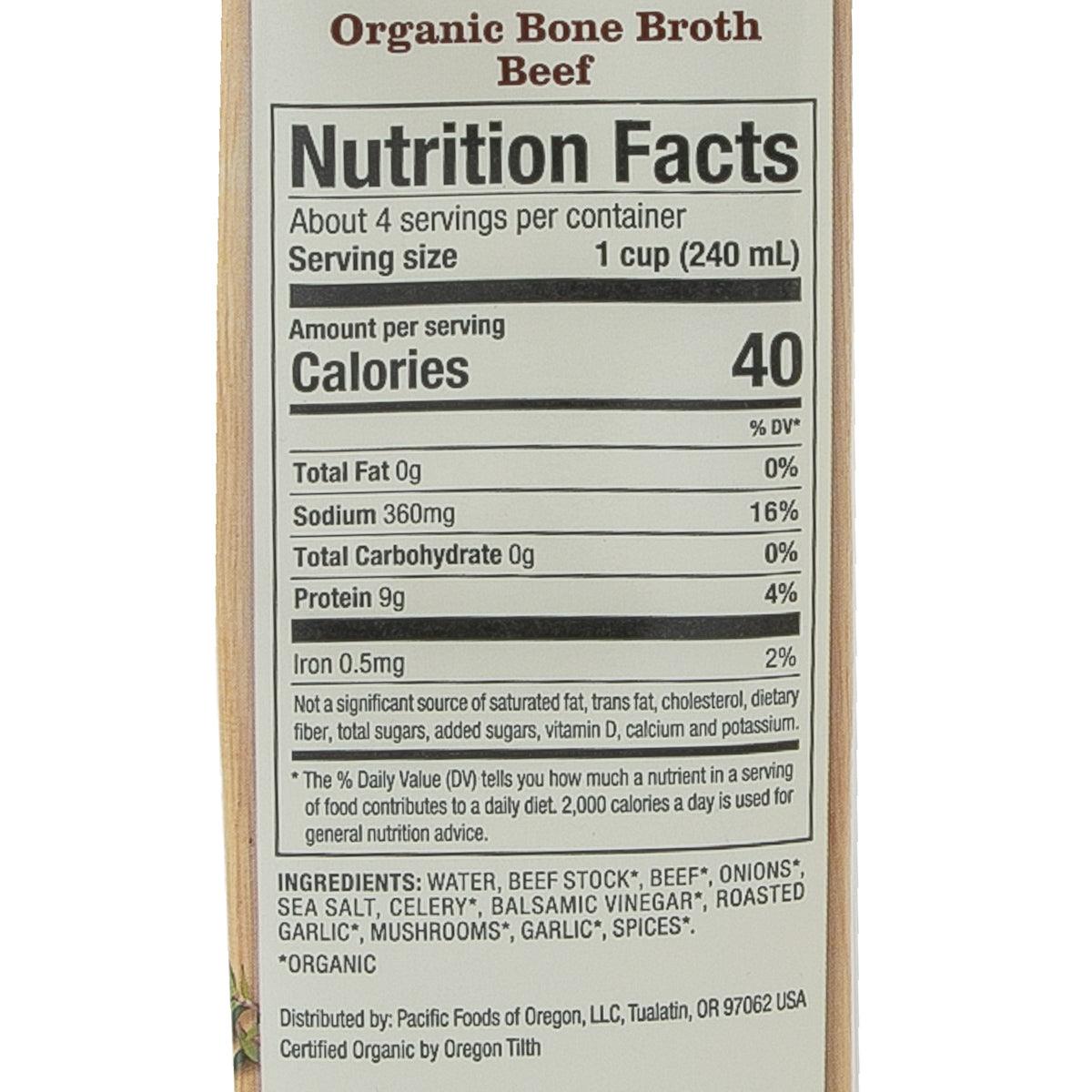 Beef bone broth nutrition facts label with calories, sodium, and ingredients