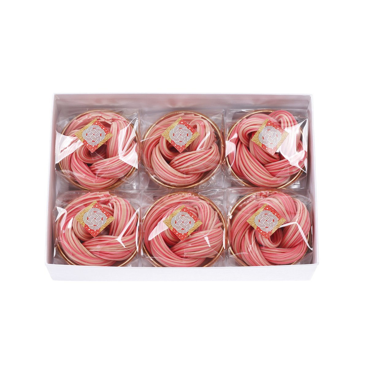 Handmade udon noodle gift set, five pink noodle bundles in clear plastic tray