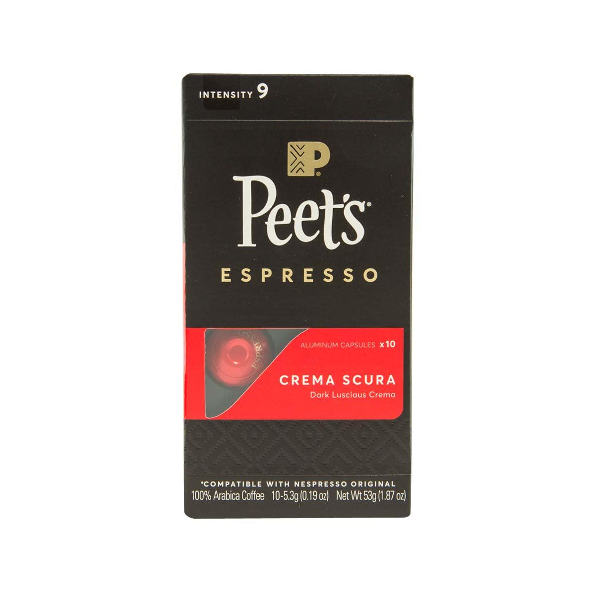 PEET'S espresso crema scura dark roast capsule box, 10 aluminum capsules
