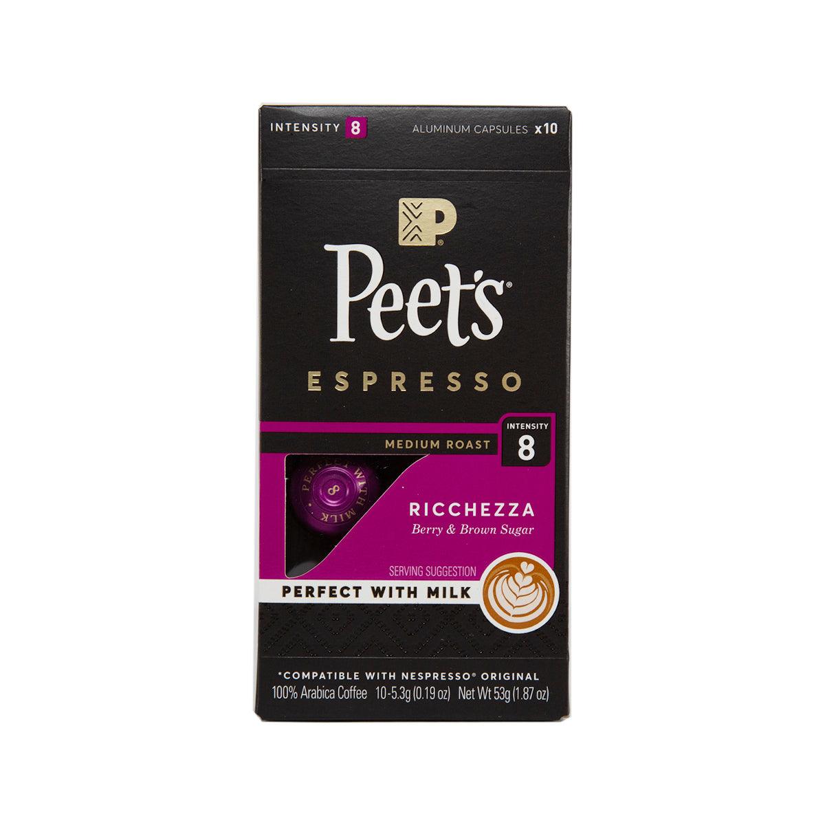 PEET'S Ricchezza espresso capsules box, medium roast, intensity 8, 10 capsules
