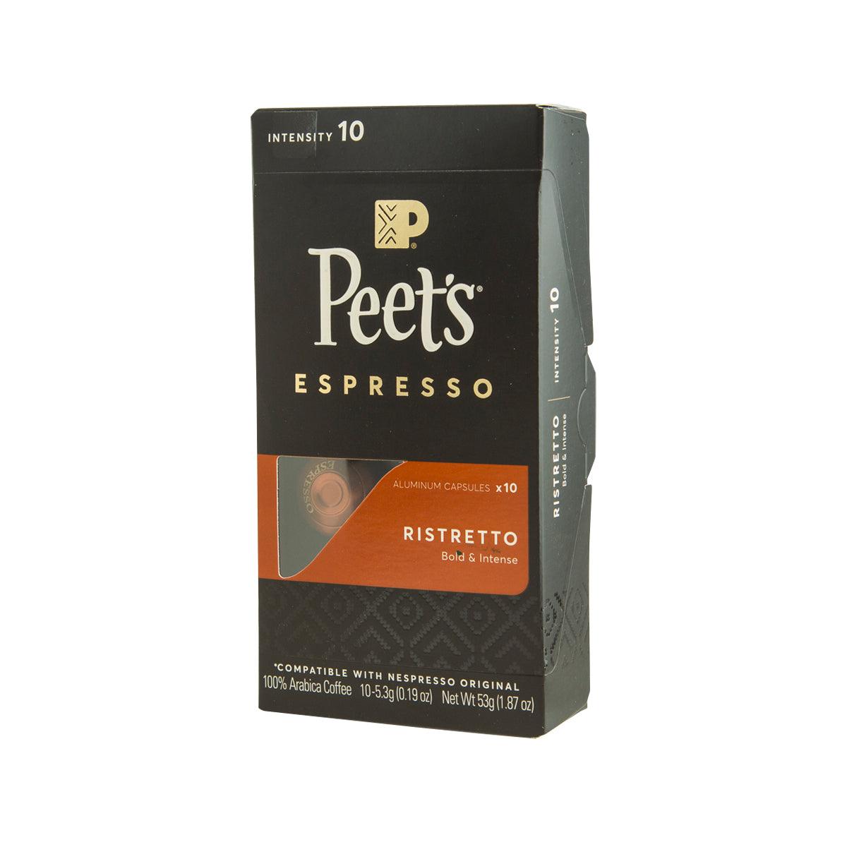 Peet's ristretto espresso capsule box, side view, Intensity 10, 10 capsules