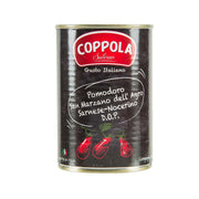 COPPOLA canned whole peeled San Marzano tomatoes, front label on steel can, 400g