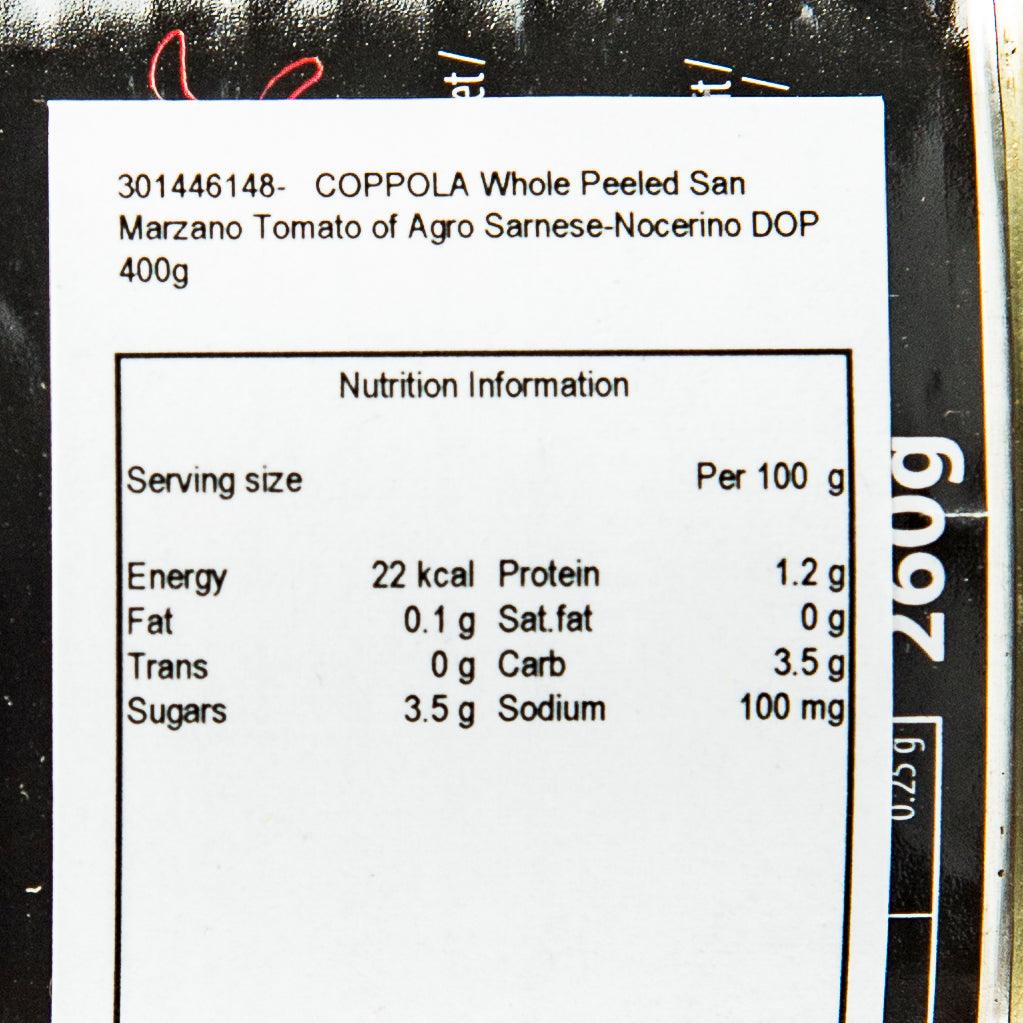 Nutrition information panel on COPPOLA canned tomatoes, 260g