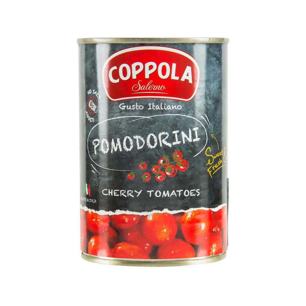 Coppola cherry tomatoes in tomato juice metal can with red tomato label