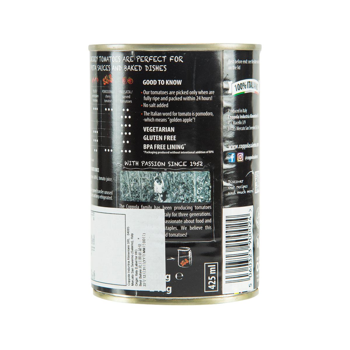 Coppola cherry tomatoes in tomato juice can back label with nutrition text