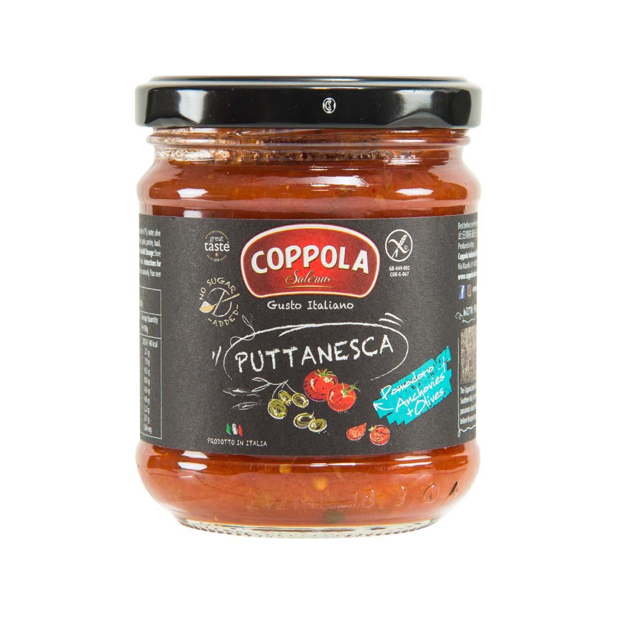 COPPOLA Puttanesca pasta sauce jar with black label and glass container, 180g
