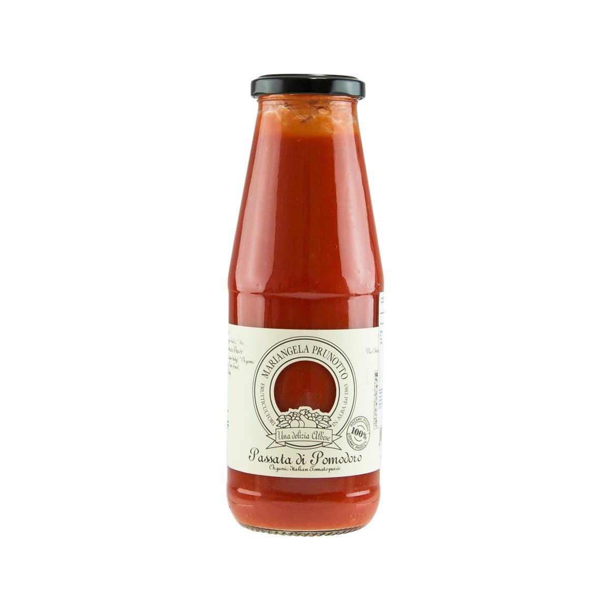 PRUNOTTO organic tomato puree bottle, glass jar with red puree and black lid.