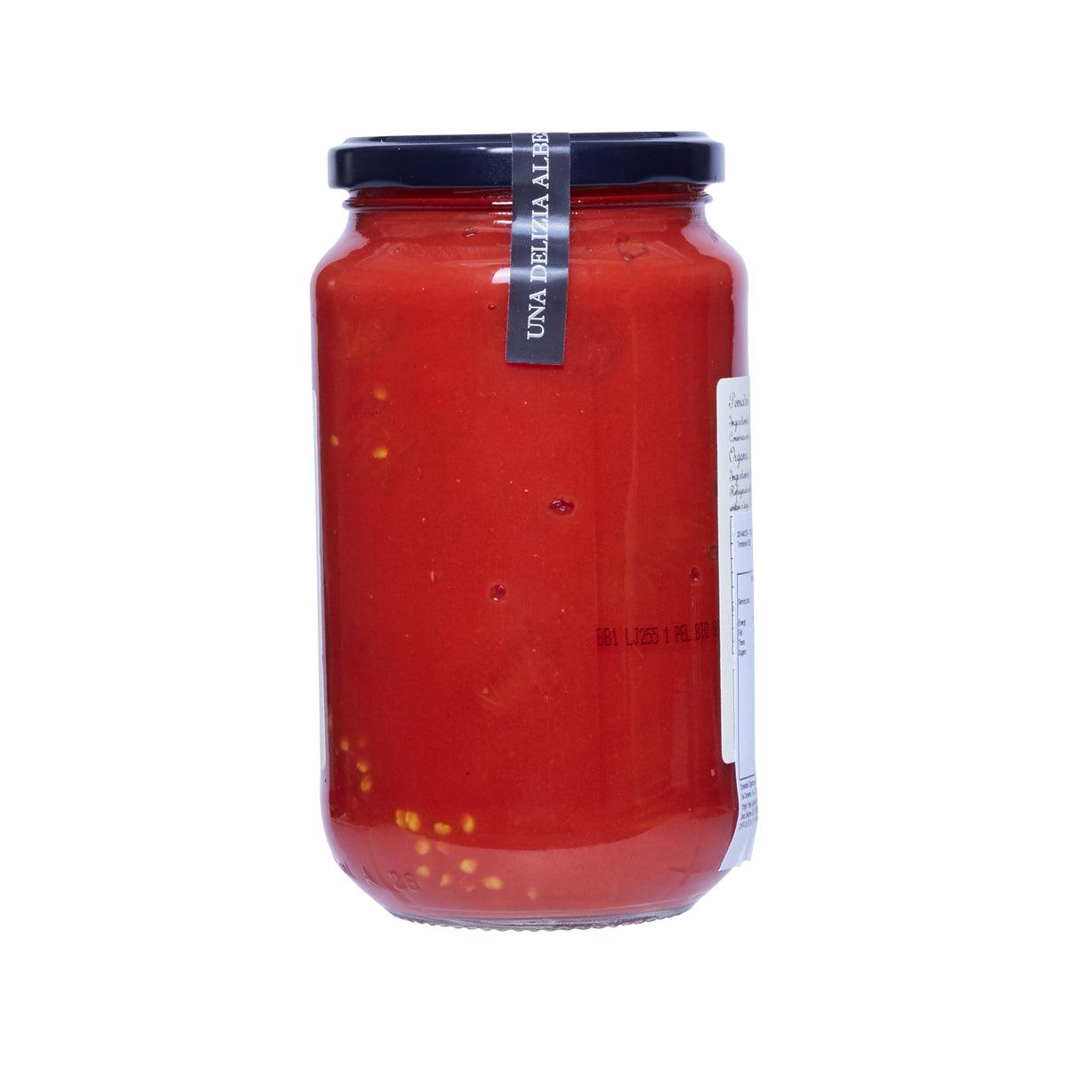 PRUNOTTO jar of organic peeled tomatoes, back label and barcode, blue lid