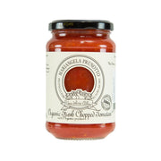 PRUNOTTO organic chopped tomatoes jar, 340g, glass with dark lid and red sauce