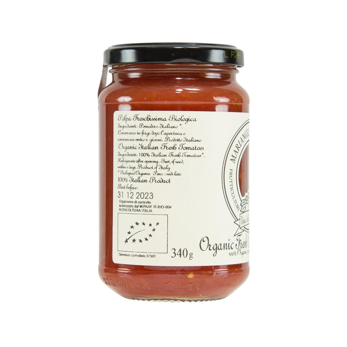 PRUNOTTO organic fresh chopped tomatoes jar, 340g, back label with barcode text