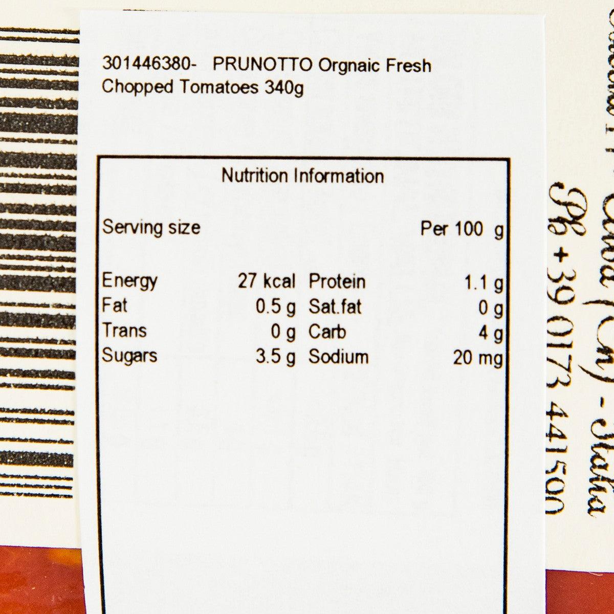 PRUNOTTO nutrition information panel for organic chopped tomatoes, per 100 g
