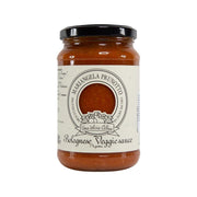 Organic bolognese veggie sauce jar, amber glass with black lid and front label