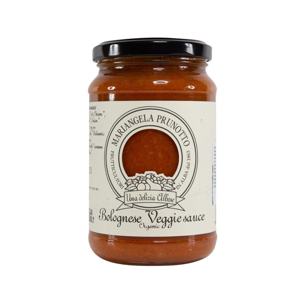 Organic bolognese veggie sauce jar, amber glass with black lid and front label