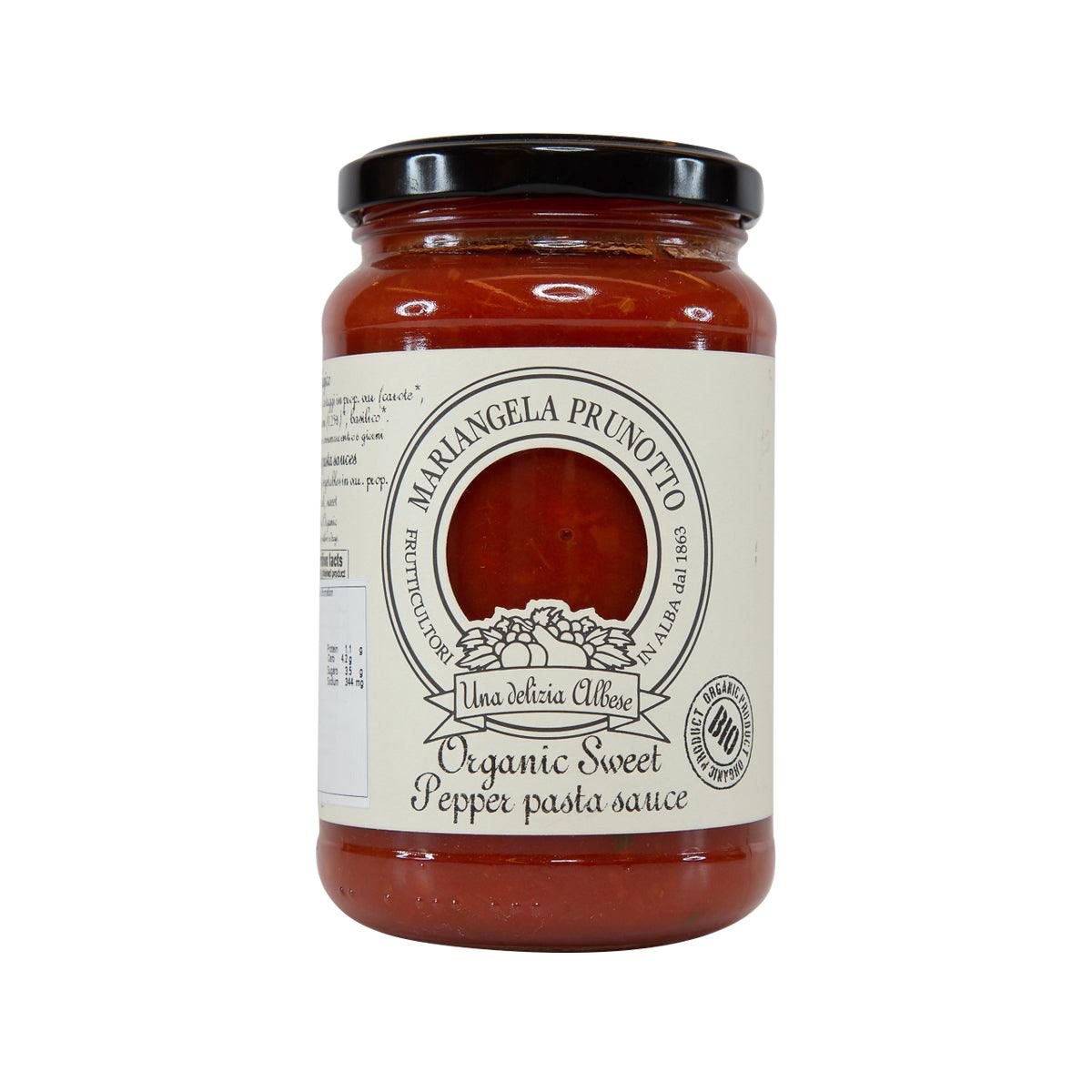Sweet pepper pasta sauce jar, dark red sauce, black lid, PRUNOTTO label