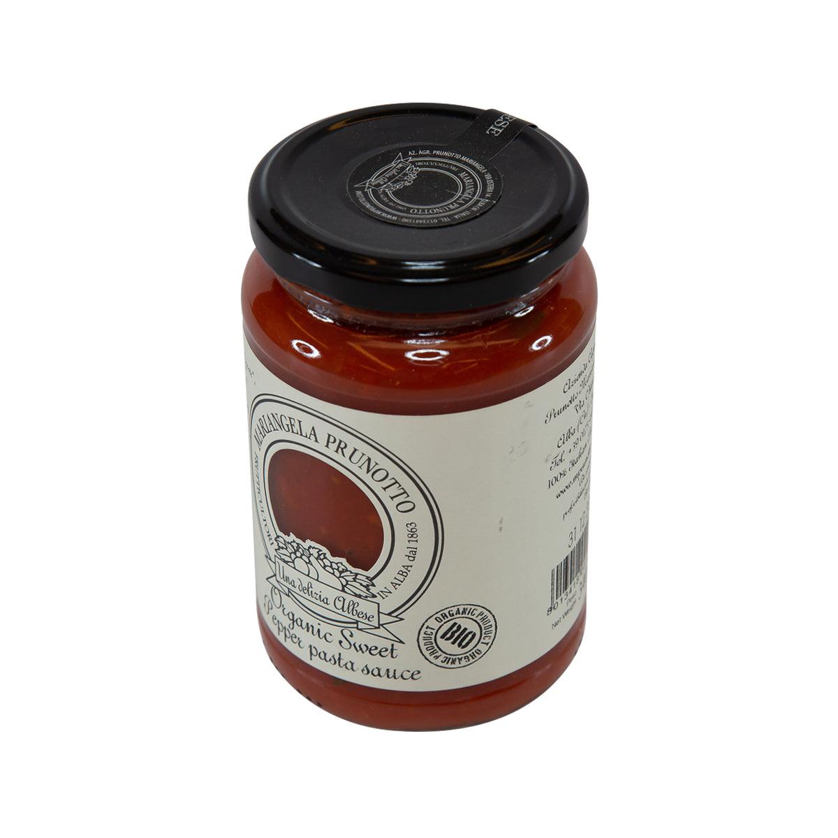 Sweet pepper pasta sauce jar, back label view, black lid, dark red jar