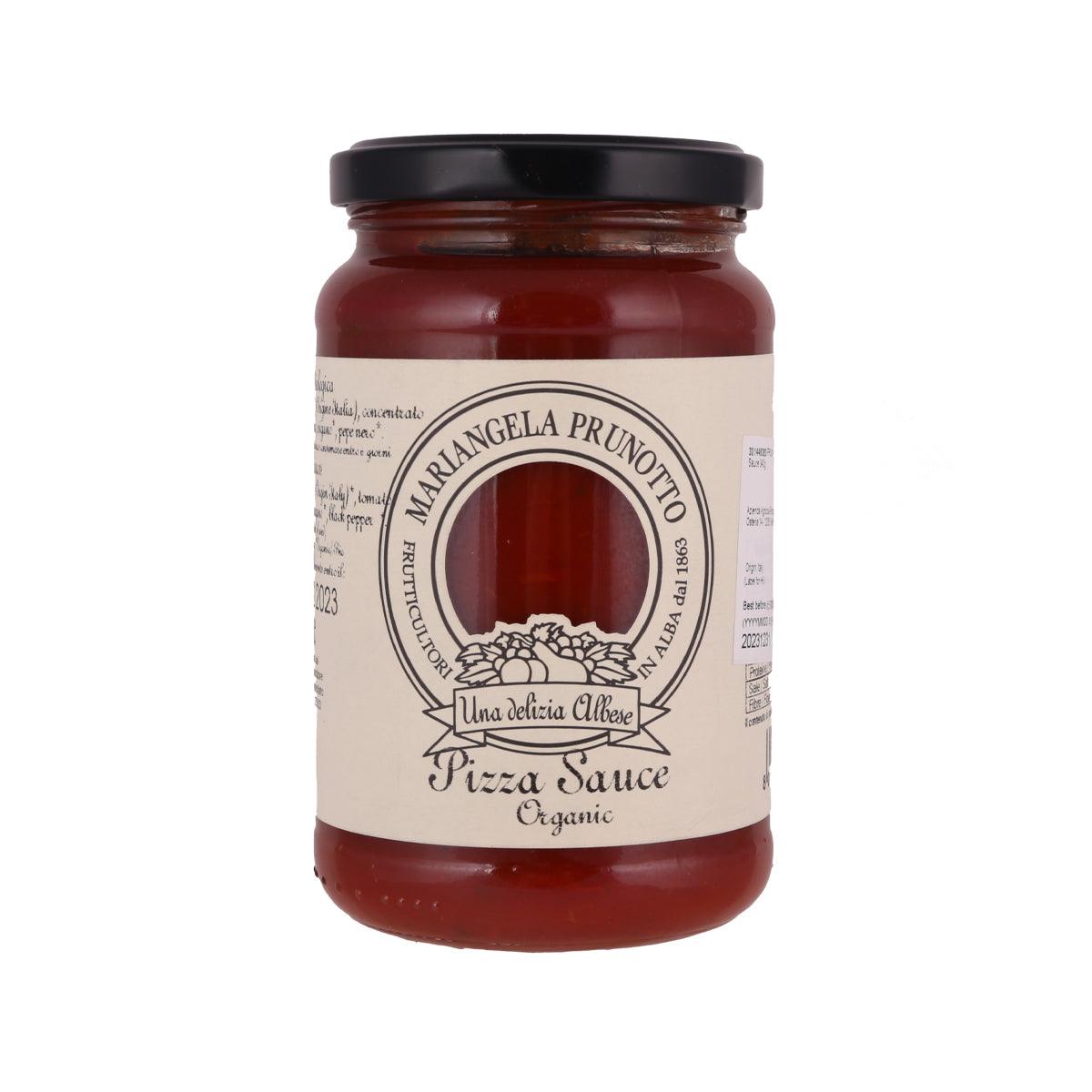 Organic pizza sauce jar with black lid, red sauce, front label