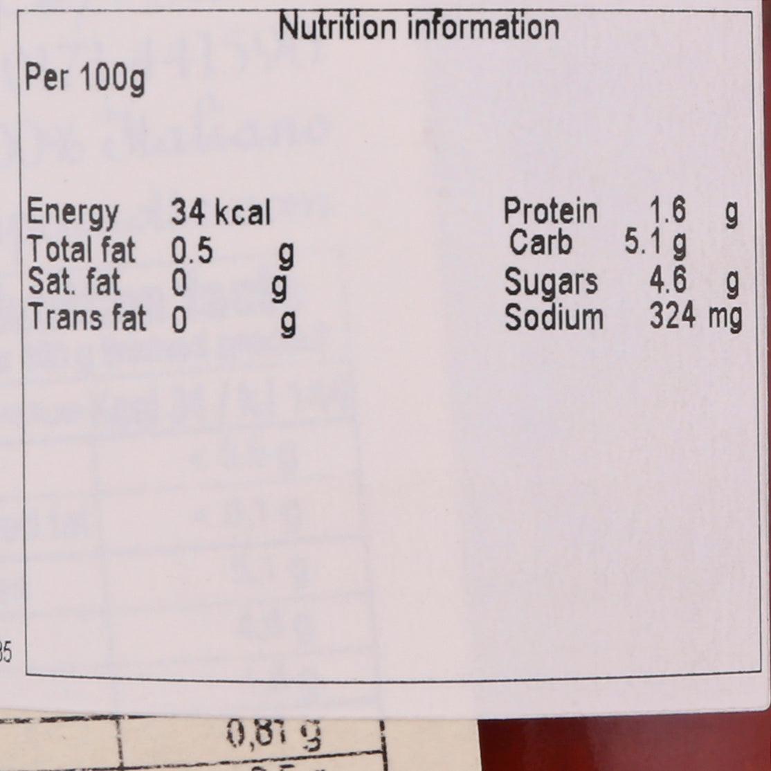 Organic pizza sauce nutrition panel: per 100g calories 34, protein 1.6g