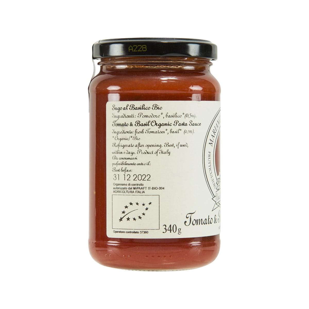 PRUNOTTO tomato & basil pasta sauce jar back label, 340g, brown glass, black lid