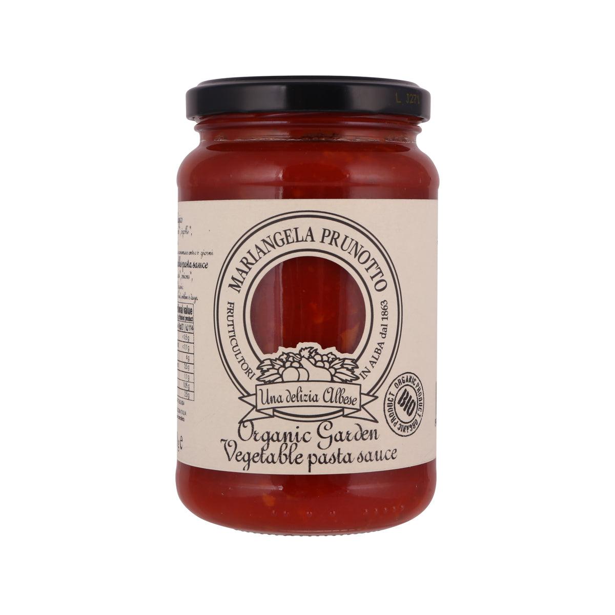 PRUNOTTO organic garden vegetable pasta sauce jar with red sauce, glass lid