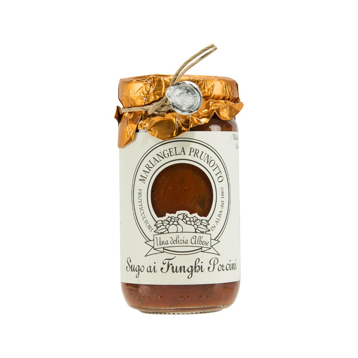 PRUNOTTO porcini mushroom pasta sauce jar, glass with gold foil and cork topper