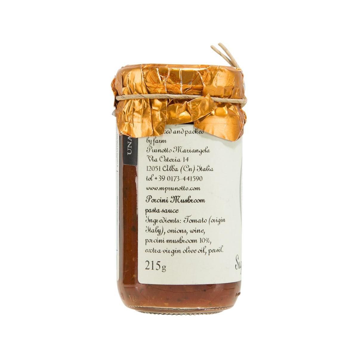 PRUNOTTO porcini mushroom pasta sauce jar with back label and gold foil wrap