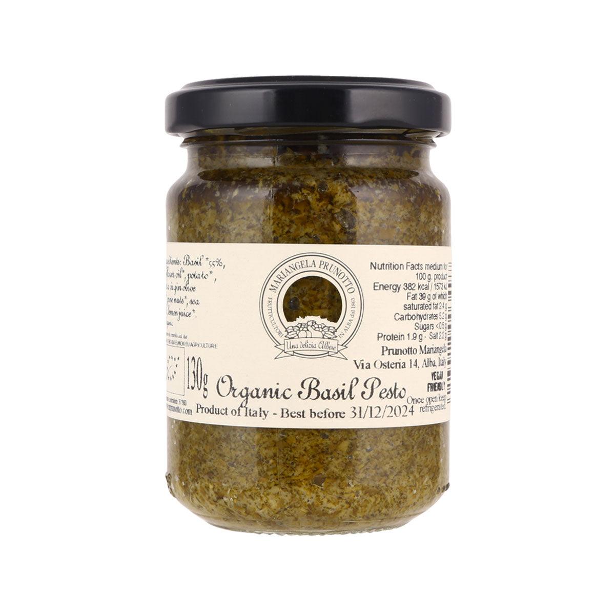 Organic basil pesto jar with black lid and front label, 130 g