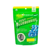 Freeze-dried organic blueberries pouch, dark blue berries inside a green resealable bag