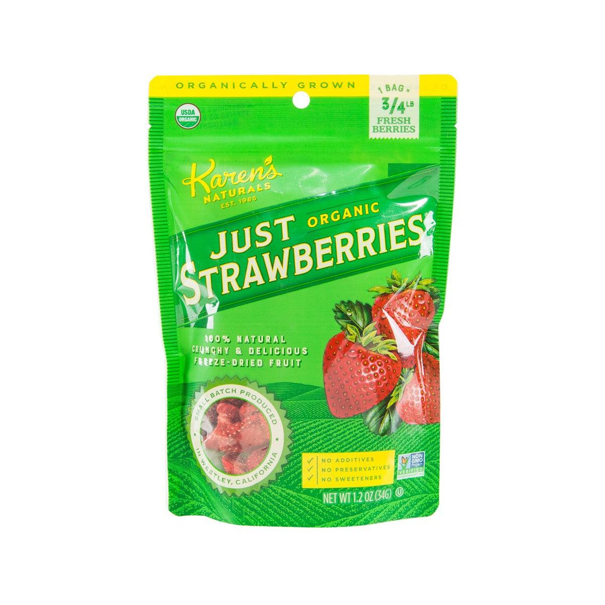 Freeze-dried organic strawberry pouch in green bag with strawberry illustrations