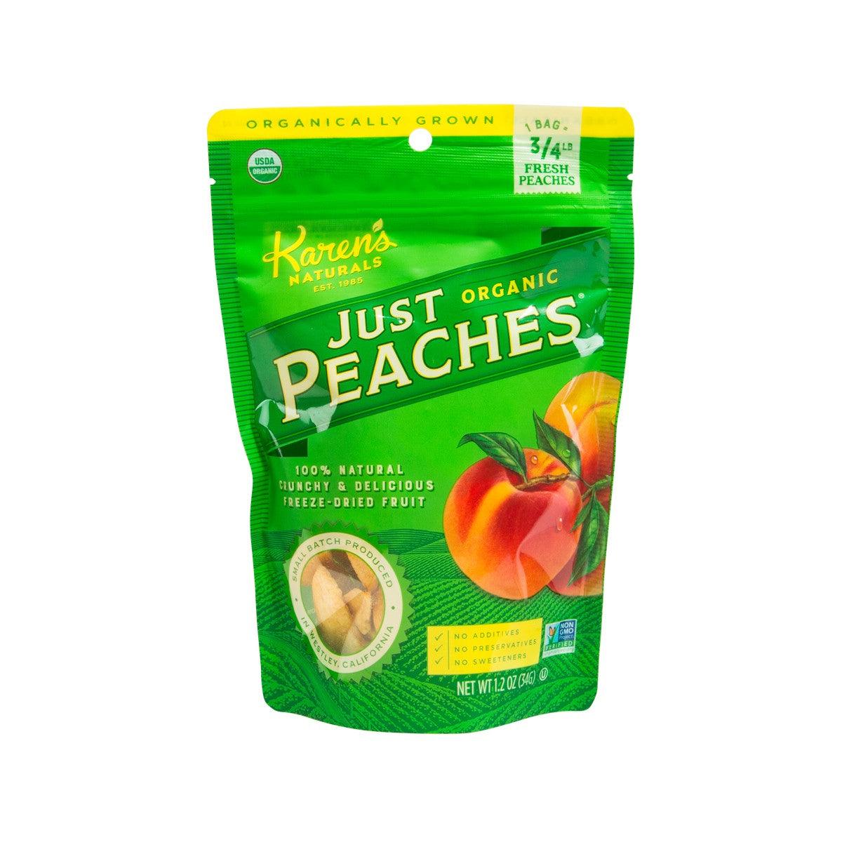 Freeze-dried organic peaches pouch, green stand-up bag with peach fruit graphic