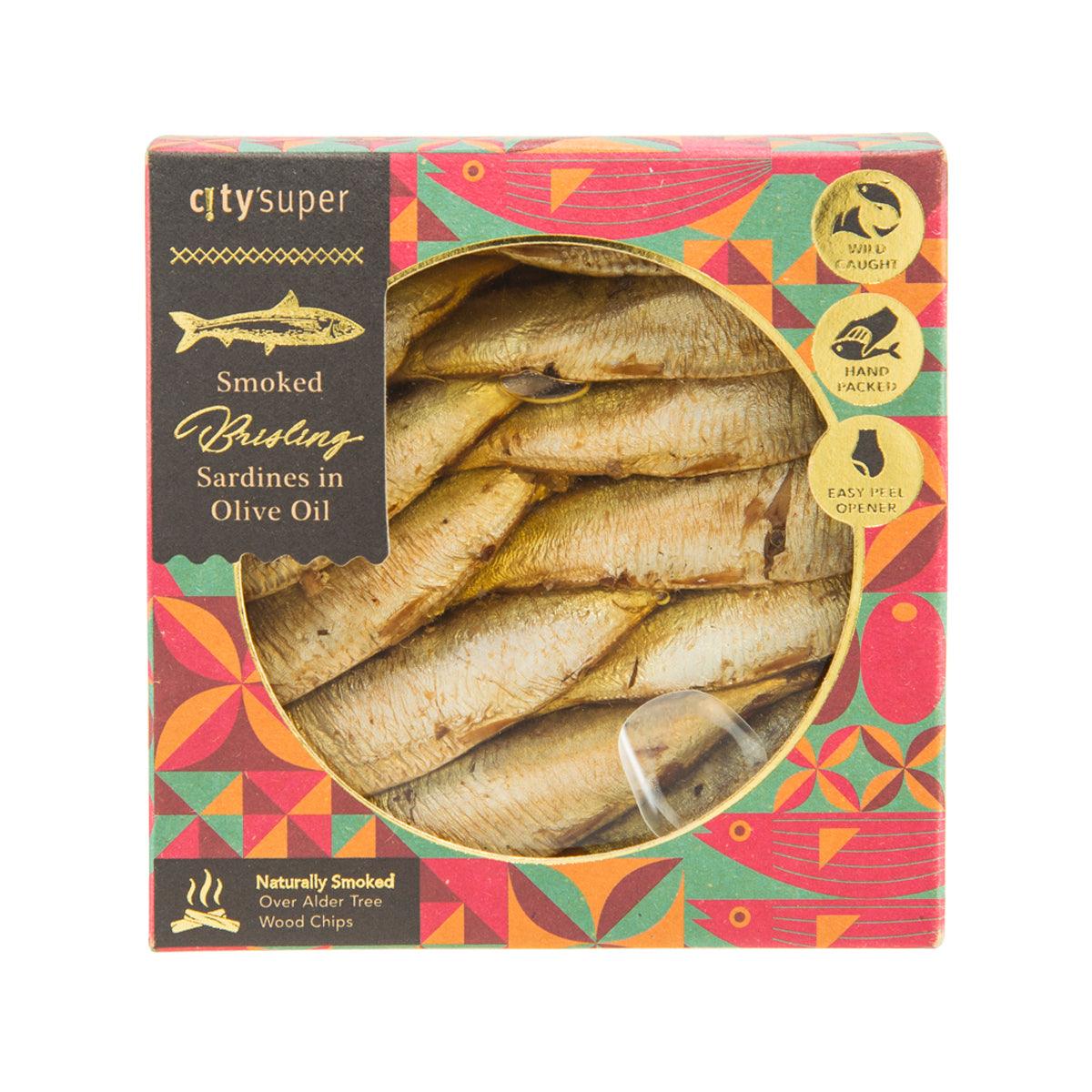 CITYSUPER smoked brisling sardines box in olive oil, window showing fish