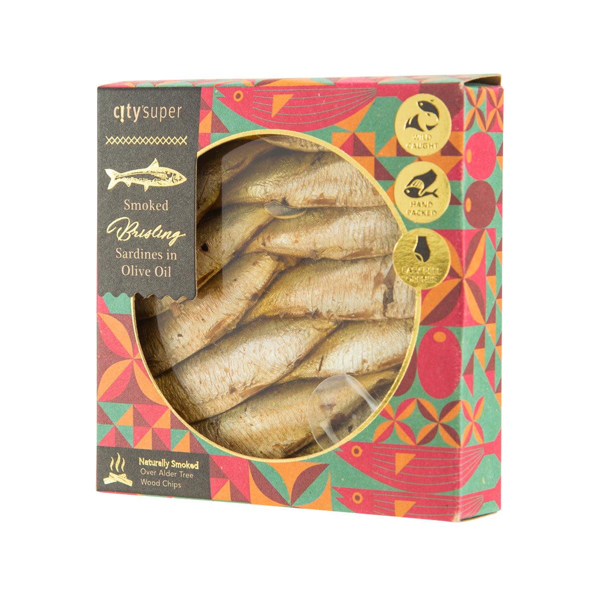 CITYSUPER smoked brisling sardines box front with fish window and badge icons