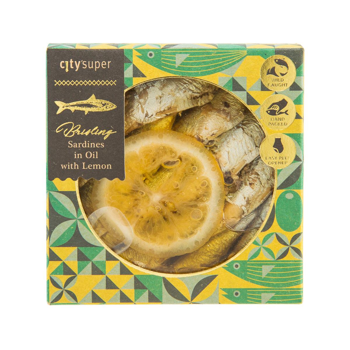 CITYSUPER sardines in oil with lemon, packaged tin with lemon slices visible