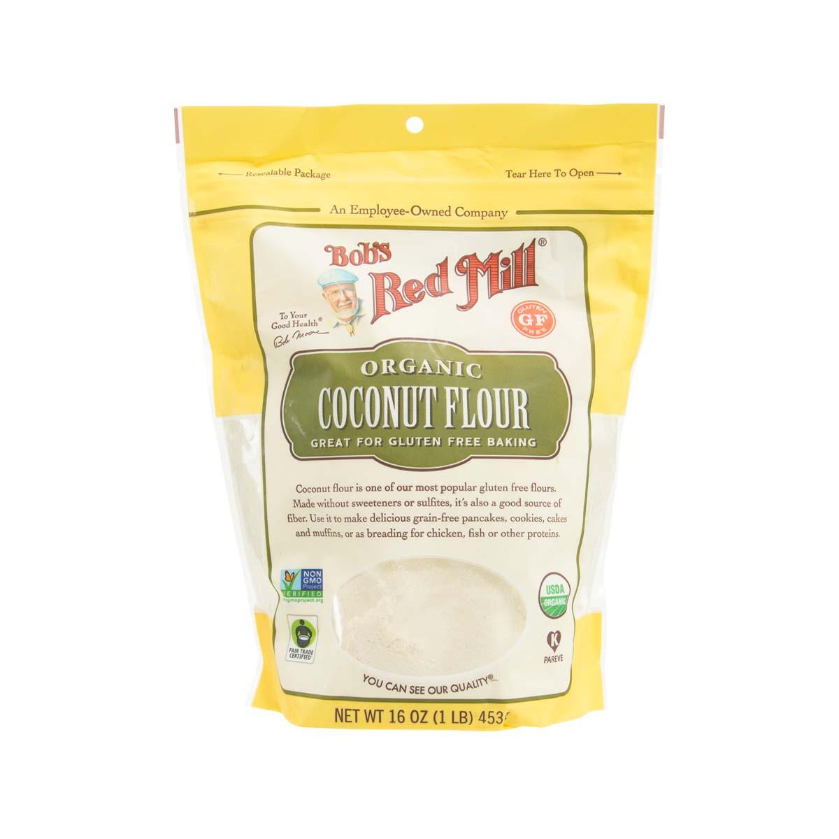 Organic coconut flour pouch, BOB'S RED MILL brand, resealable 16 oz bag