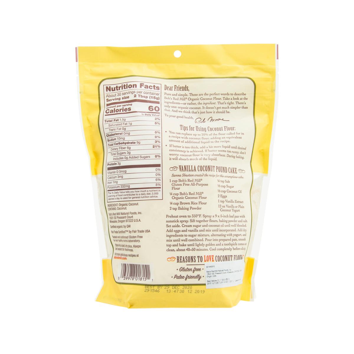 Organic coconut flour bag back panel with nutrition facts and serving tips