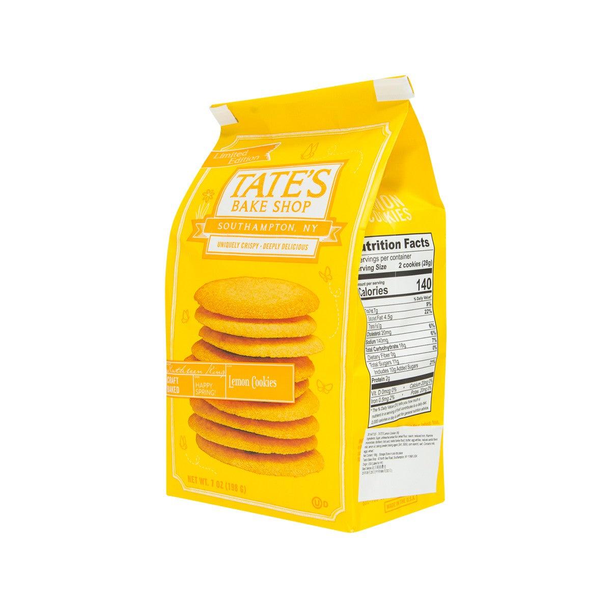 Lemon cookie bag showing side view and nutrition panel, 198g pouch by TATE'S