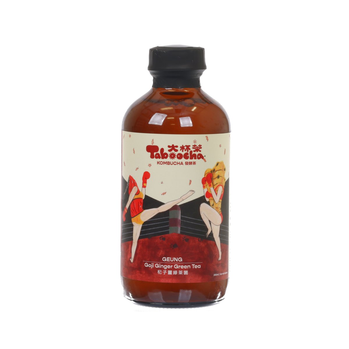 TABOOCHA kombucha bottle with black cap, brown liquid, Goji Ginger Green Tea label