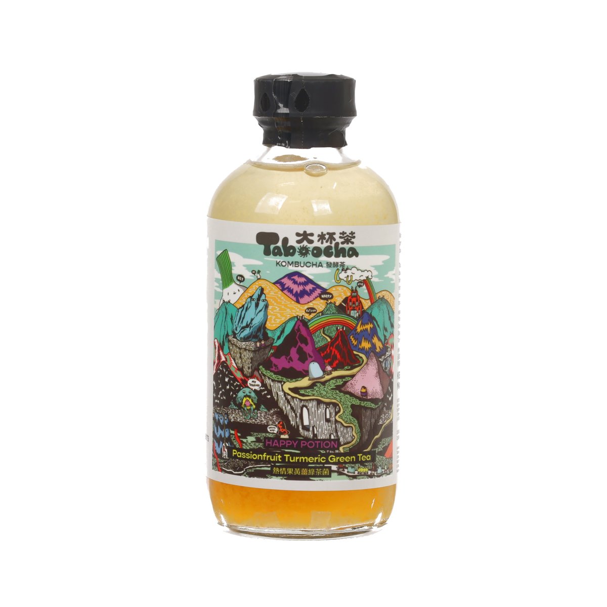 Kombucha drink bottle with passionfruit turmeric flavor, clear glass and black cap