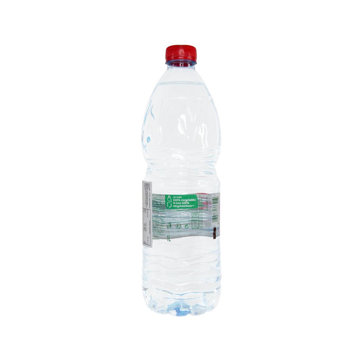 1L natural mineral water bottle with red cap, back label panel