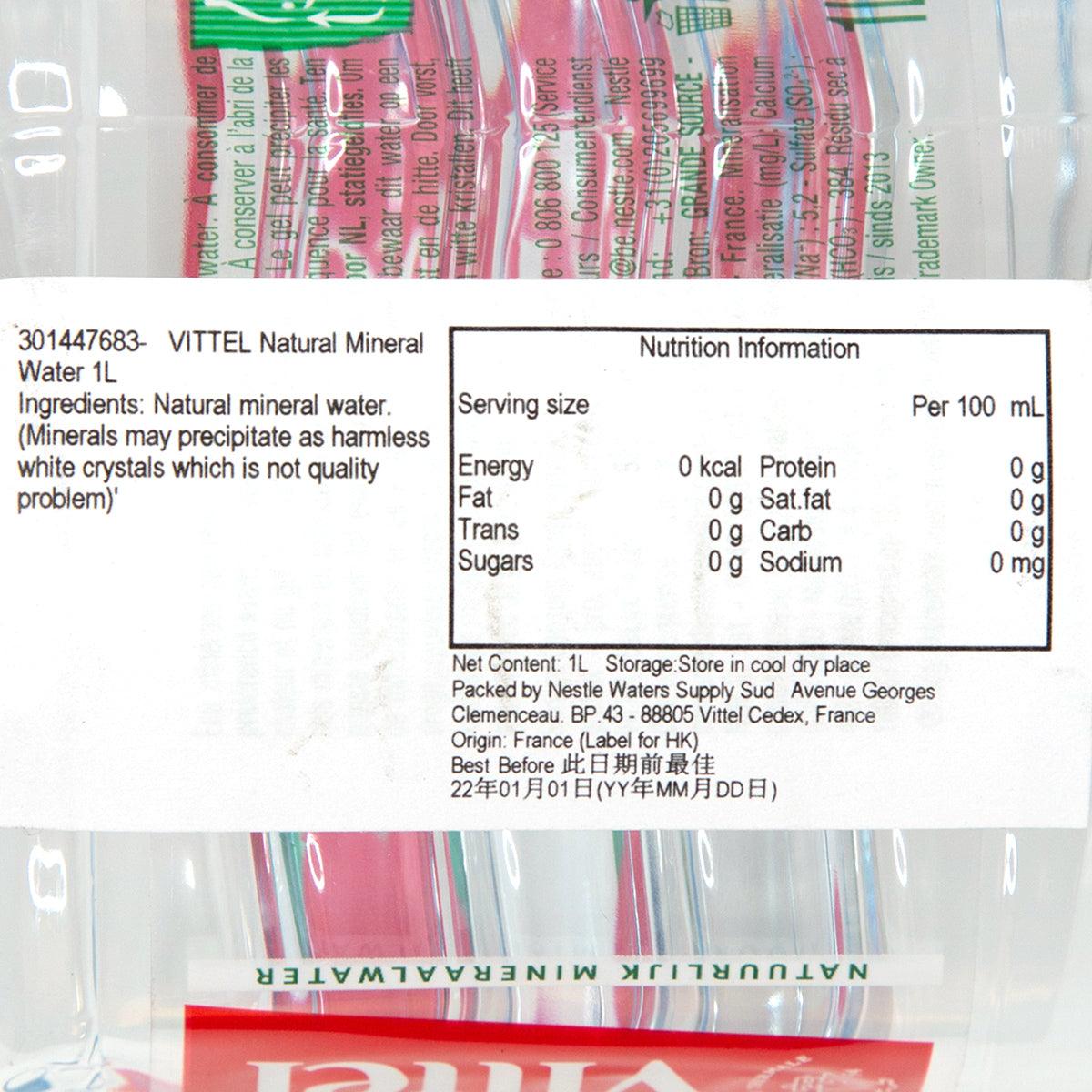 Natural mineral water bottle label close-up with nutrition information panel