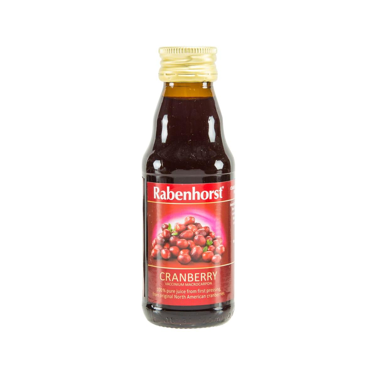 Rabenhorst 100% cranberry juice bottle, 125 mL, front label with berry graphic