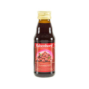 Rabenhorst 100% cranberry juice bottle, 125 mL, front label with berry graphic