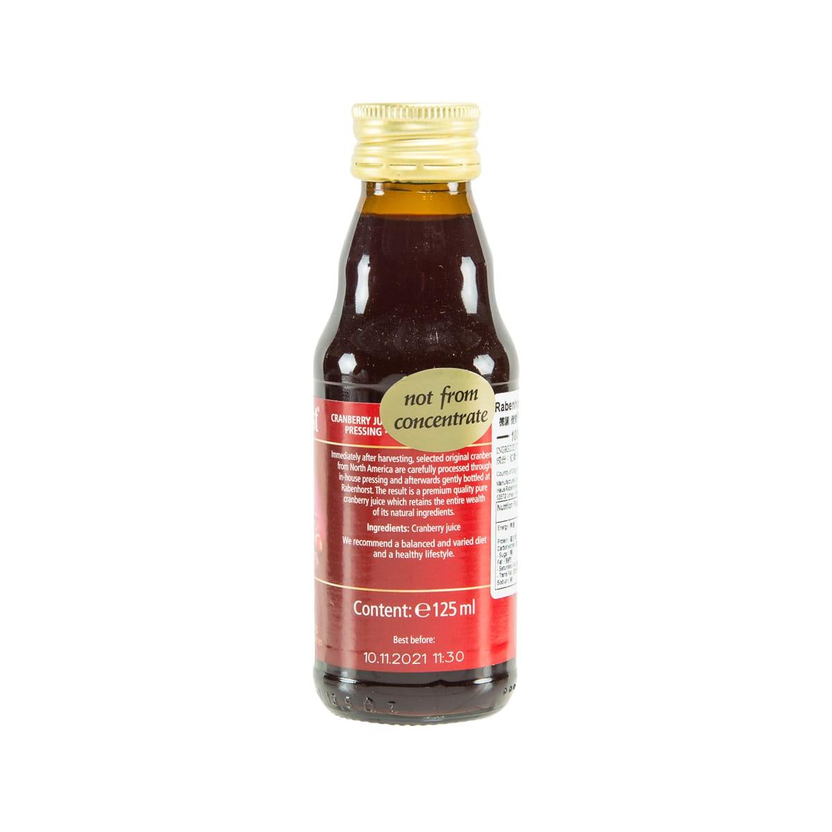 Rabenhorst 100% cranberry juice bottle, back label with ingredients and content info