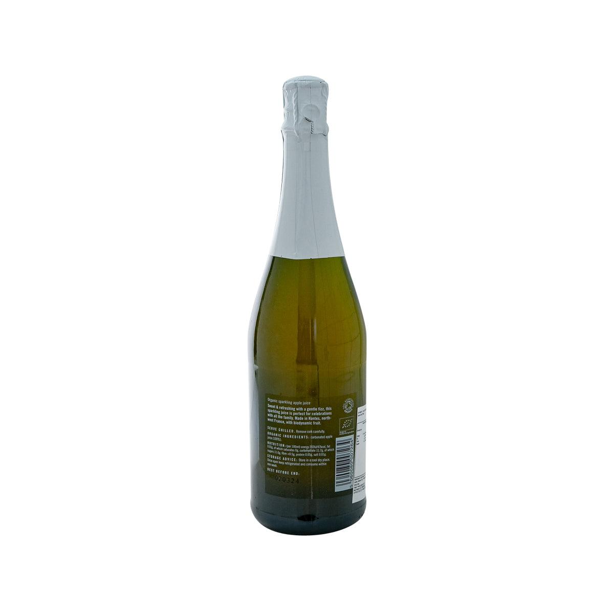 DAYLESFORD sparkling apple juice bottle with back label and barcode, clear glass