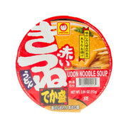 Instant udon noodle soup cup with red label and suggested serving text
