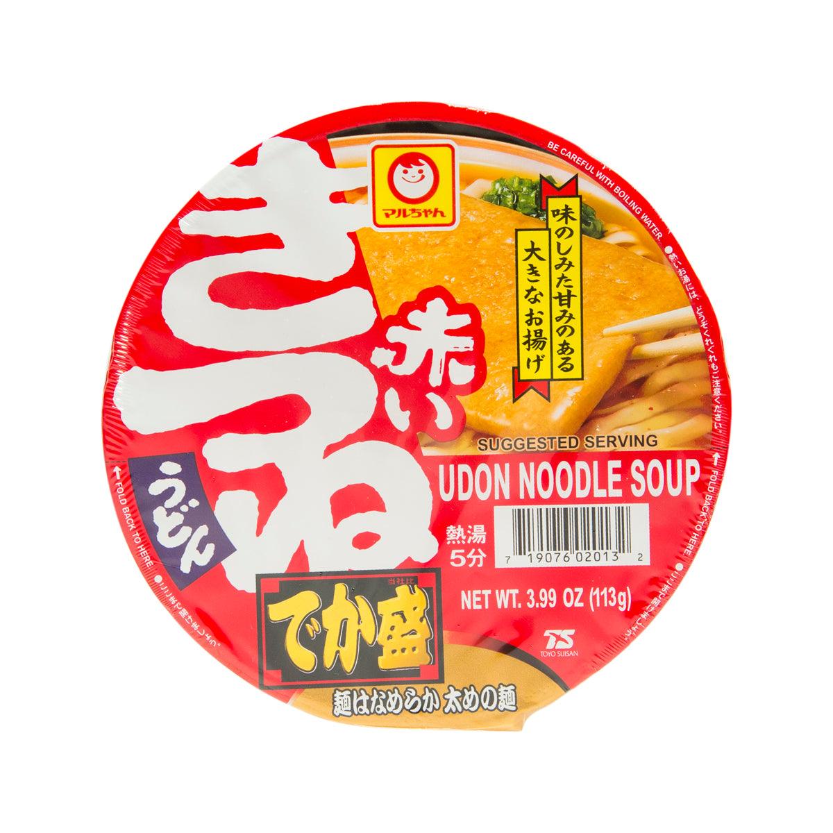Instant udon noodle soup cup with red label and suggested serving text