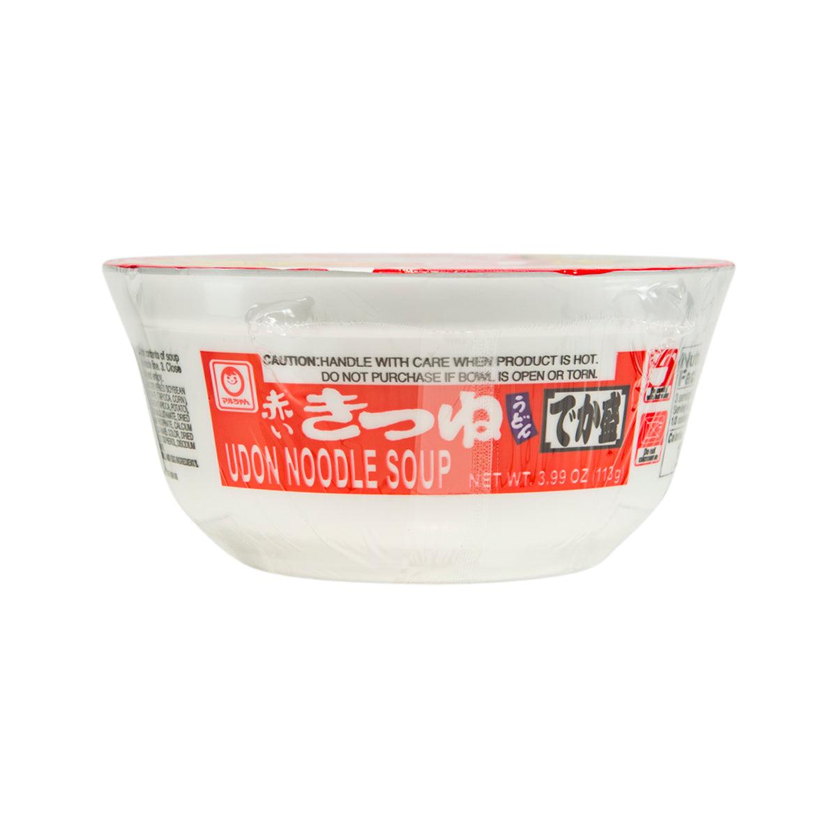 Instant udon noodle soup cup, white with red back label and caution text