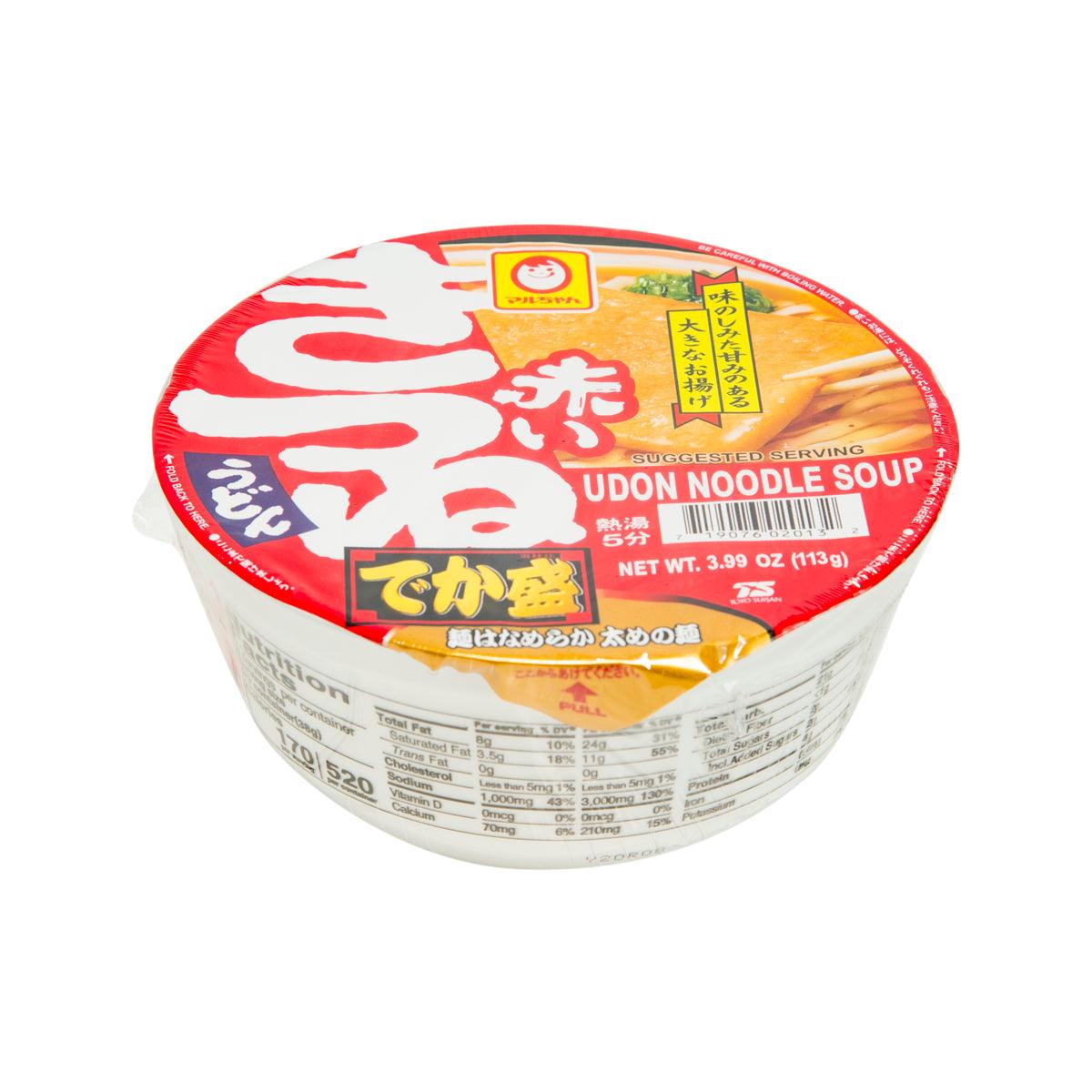 Instant udon noodle soup cup, red-and-yellow front label with udon noodle soup wording