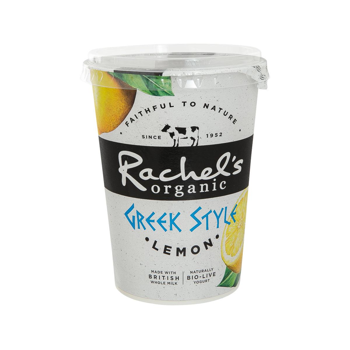 RACHEL'S Organic Greek style yogurt cup, lemon flavor in clear plastic container
