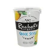 RACHEL'S Organic Greek style yogurt cup, lemon flavor in clear plastic container