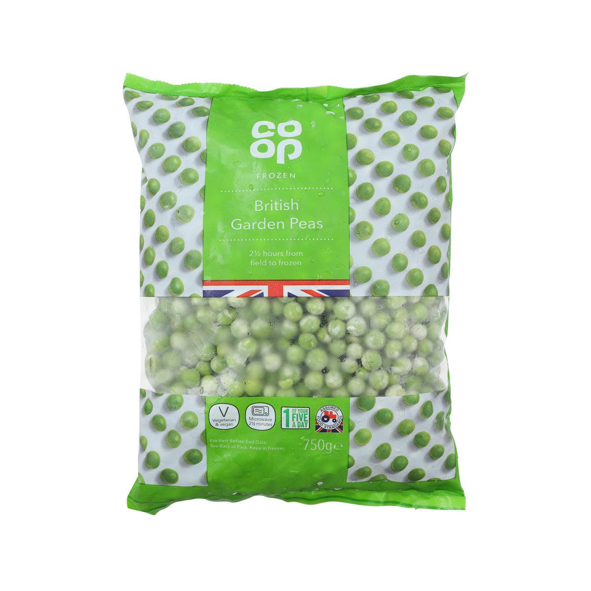 Frozen British garden peas 750g in clear green-and-white sealed bag